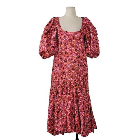 NWT Kika Vargas Maya Pink Floral Midi Dress‎ Sz M Dramatic Puff Sleeves Ruffled - Picture 2 of 12